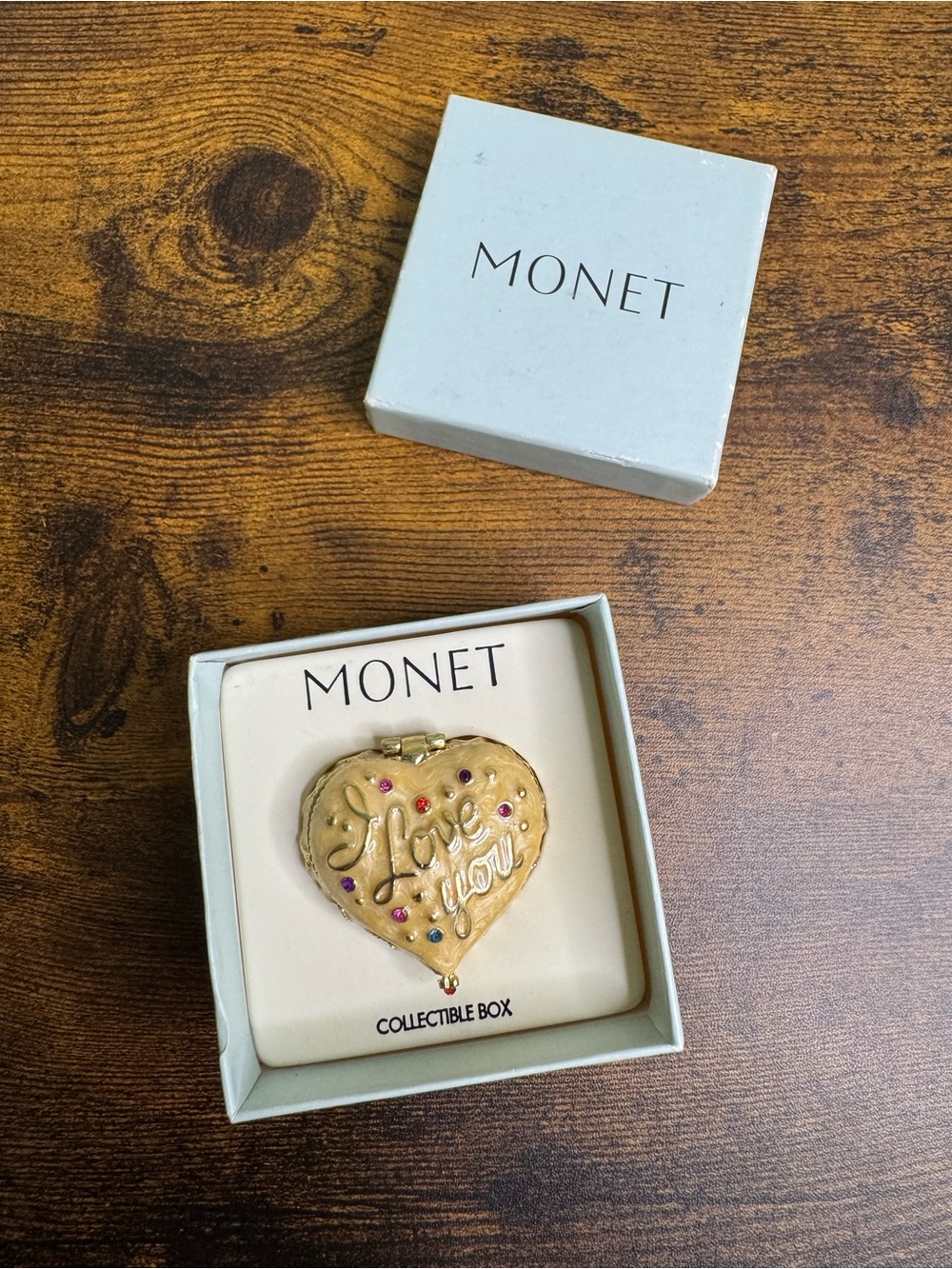 Monet Gold Heart Collectible Enamel Trinket Box with Multicolored Accent Stones